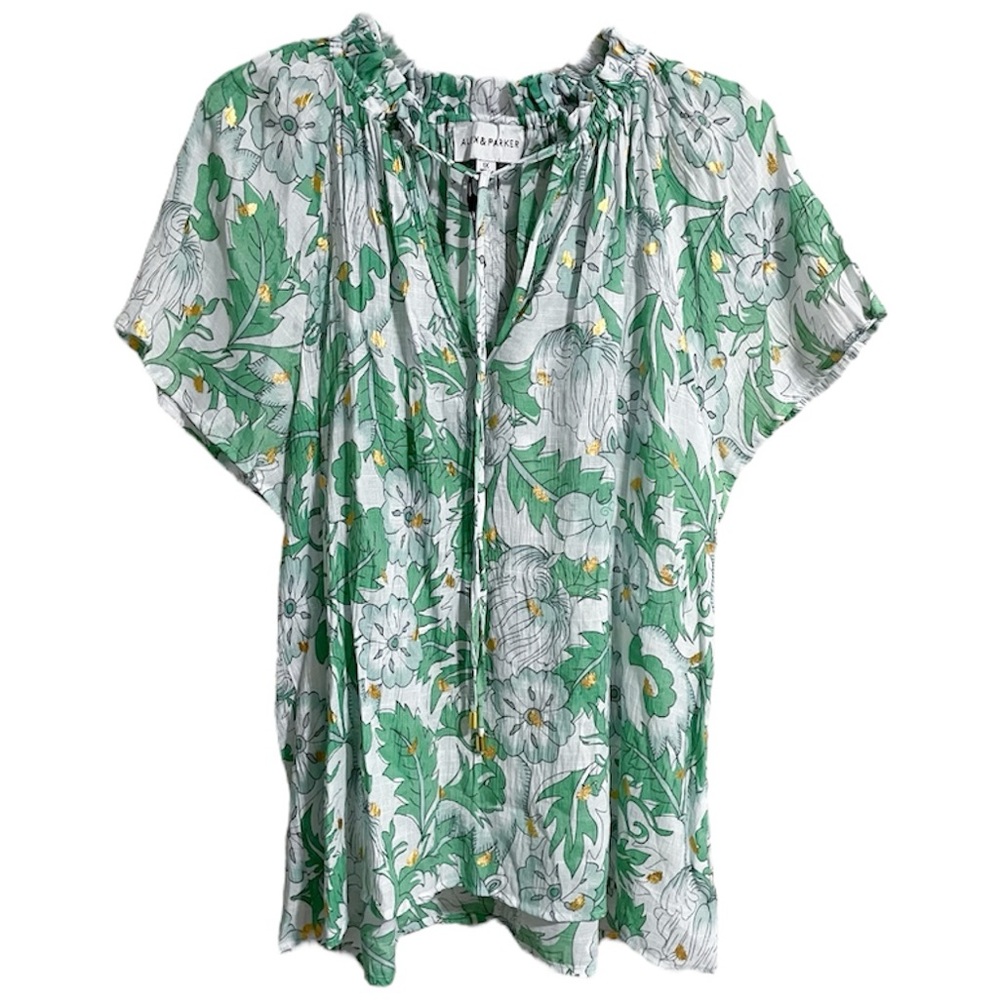 Alex & Parker Floral Blouse Size 1X Green White Gold Boho Resort Wear Bloomcore
